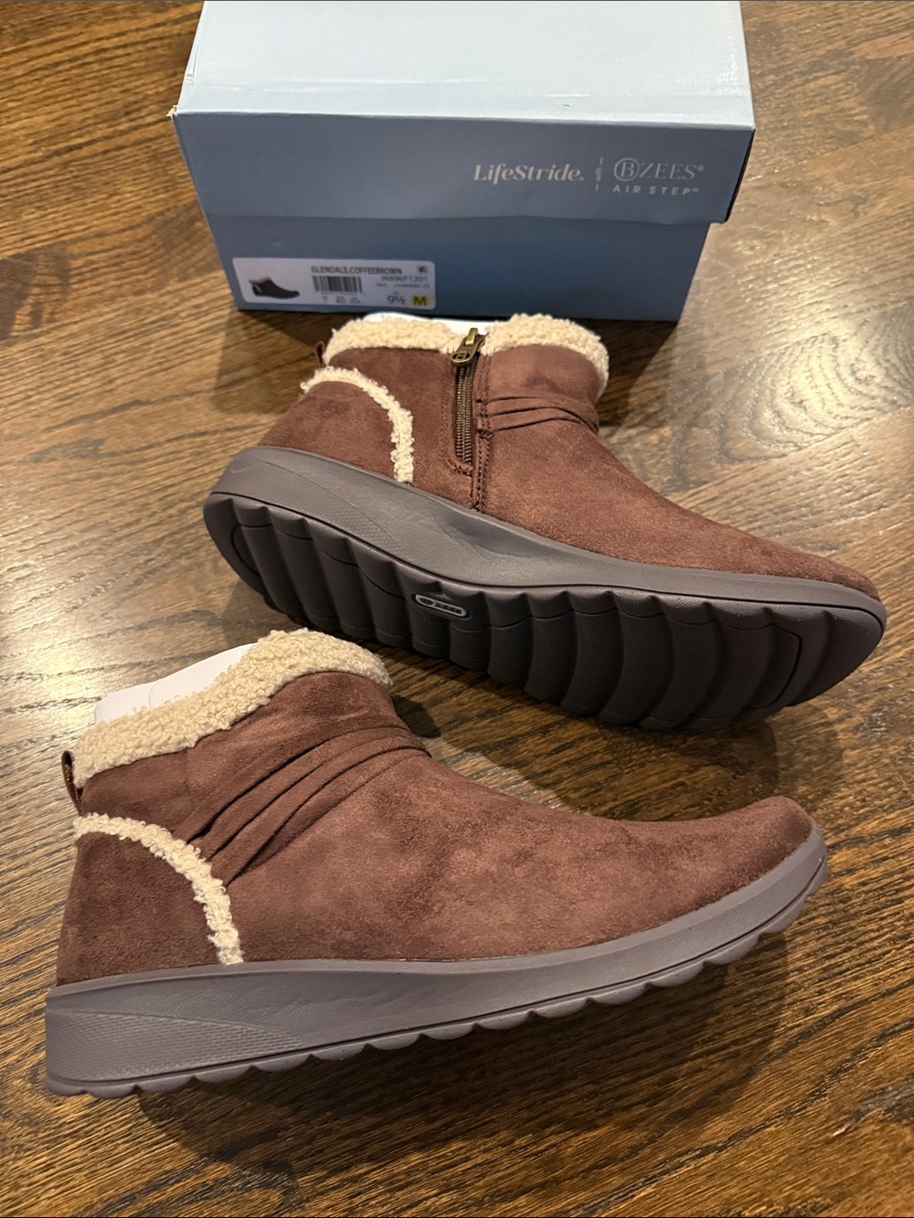 Life Stride Brown Suede Ankle Boots with Cream Sherpa Trim 9.5